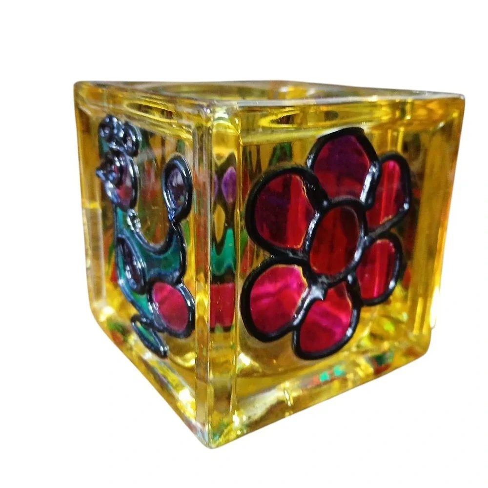 Vtg Stained Glass Handmade Studio Art Candle Holder Ladybug Butterfly 3